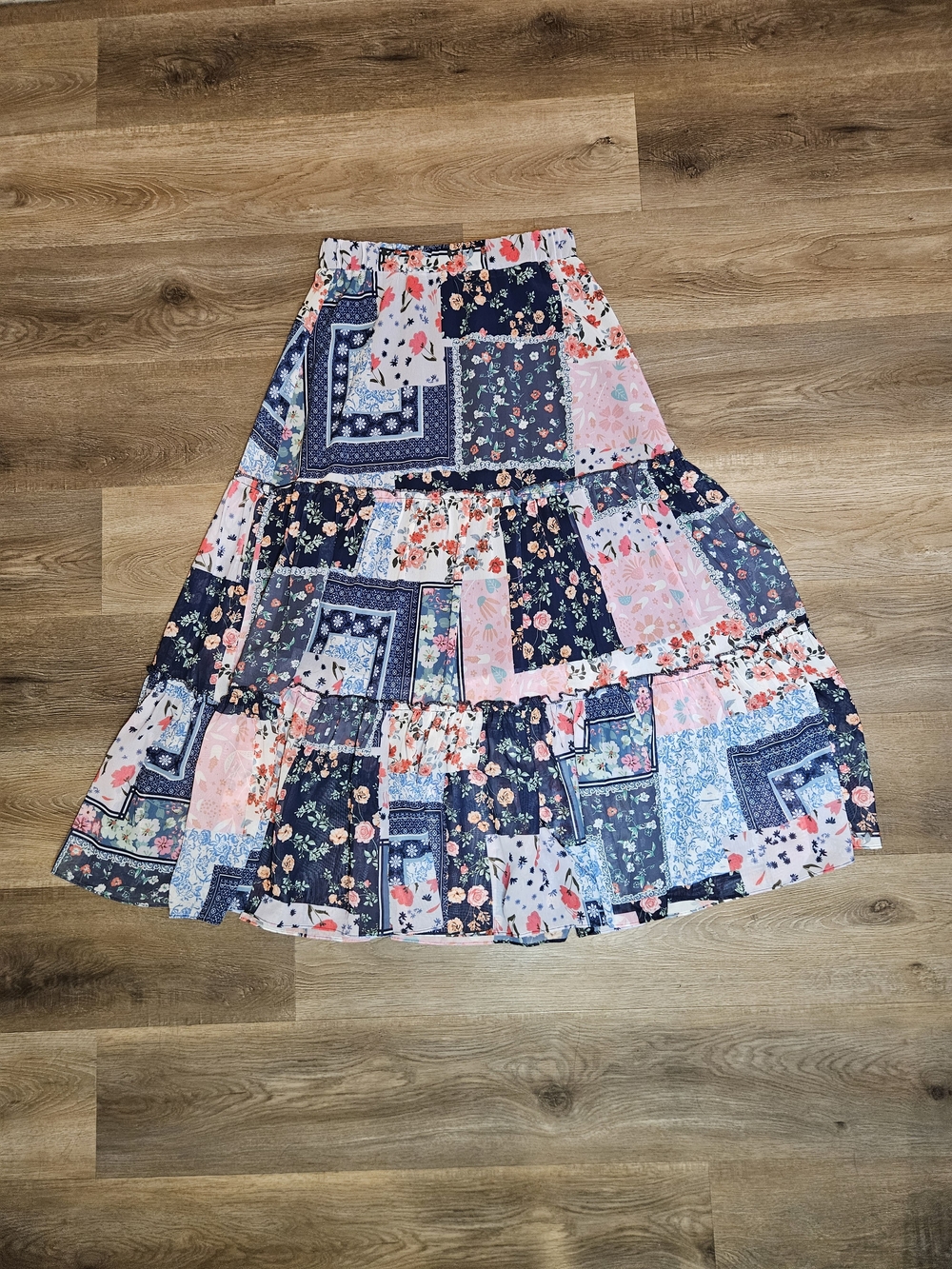 Patchwork Floral Tiered Maxi Skirt - Navy & Pink COCO + CARMEN Size Sm